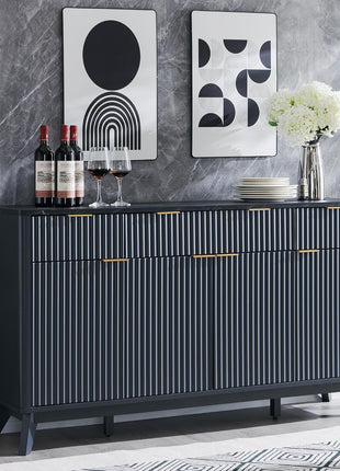 60-Inch Contemporary Fluted Buffet Sideboard Cabinet with Storage, Featuring 3 Drawers and 4 Doors for Dining Room, Living Room, and Hallway in Dark Grey