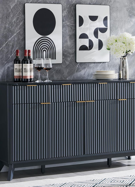 60-Inch Contemporary Fluted Buffet Sideboard Cabinet with Storage, Featuring 3 Drawers and 4 Doors for Dining Room, Living Room, and Hallway in Dark Grey