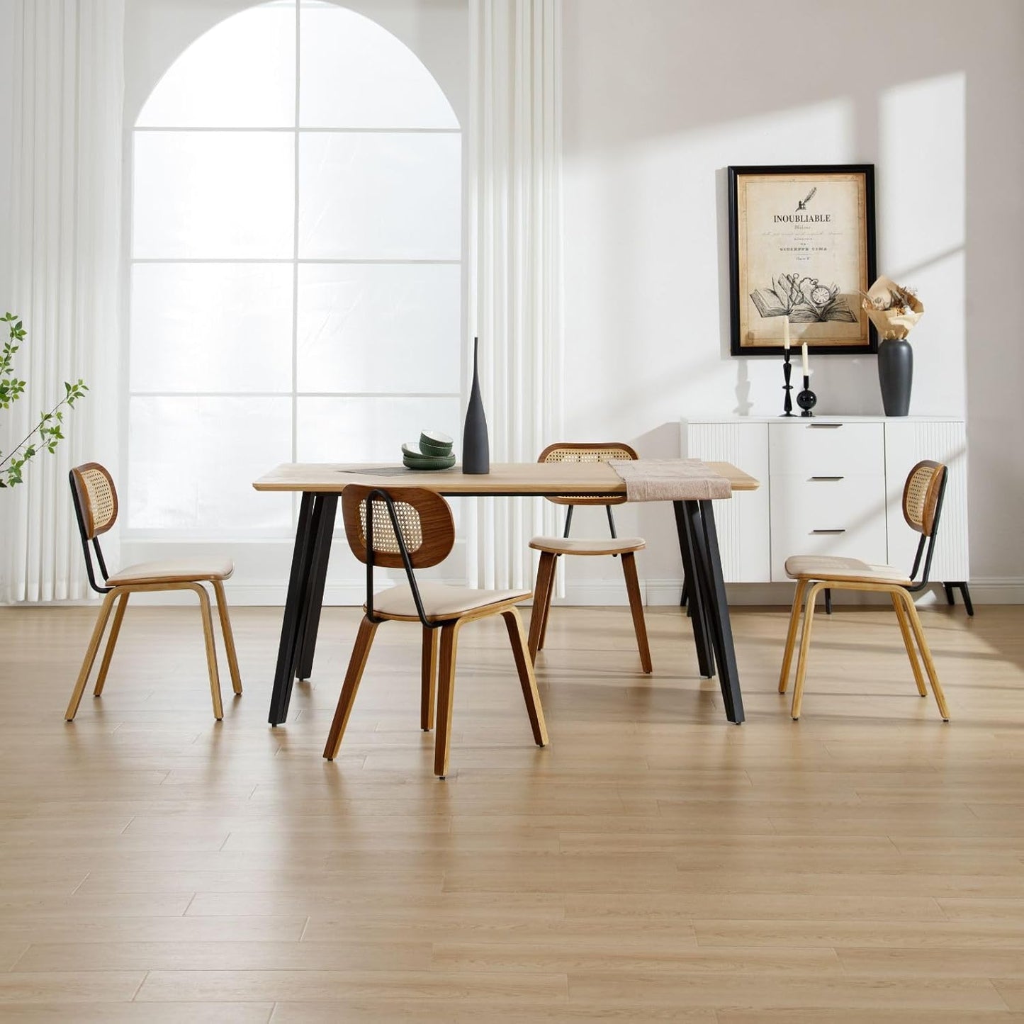 Modern Dining Chairs Set of 2, Upholstered Faux Leather Dining Room Chairs with Rattan Backrests and Wood Legs, Armless Kitchen Chairs for Dining Room, Beige