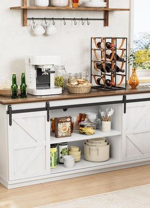 Farmhouse Sideboard Buffet Cabinet with Sliding Barn Doors and Shelving for Dining Room and Coffee Bar, White Finish