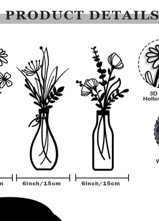 Set of 3 Rustic Black Metal Flower Wall Art - Minimalist Decor for Living Room, Bathroom, Bedroom, and Dining Room - Perfect Housewarming Gift (Black, Vase-C)