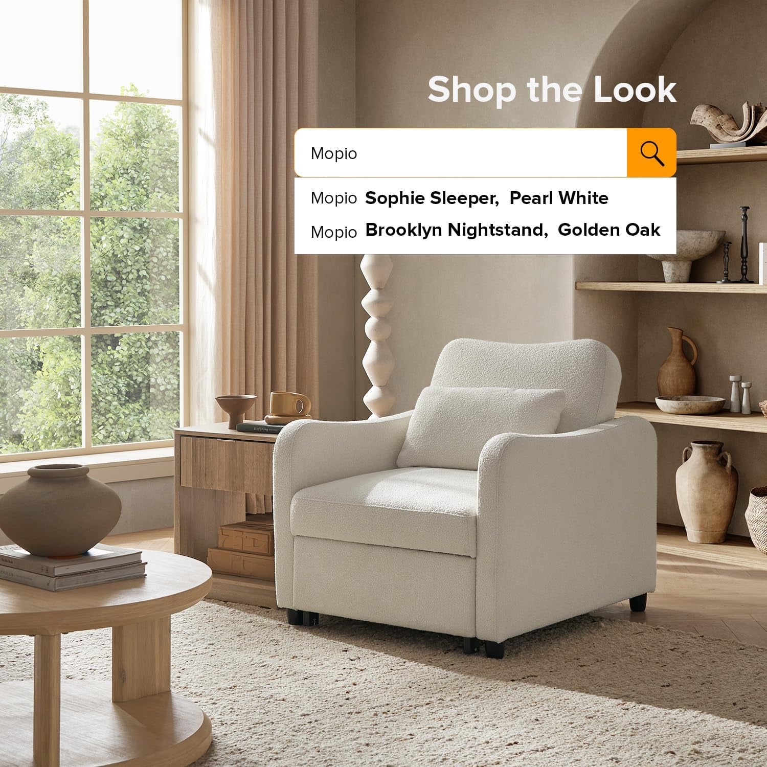 Sophie 4-In-1 Convertible Sleeper Chair Bed, Accent Chair, Chaise Lounge, Comfy Reading Armchair, Pull Out Sofa Bed with Adjustable Backrest for Living Room, Bedroom (Pearl White Boucle)