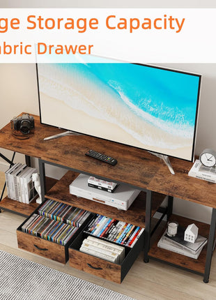 55.1" Rustic Brown TV Stand with Fabric Drawer - Industrial Style Entertainment Center and Console Table with Open Storage Shelves for Living Room and Bedroom