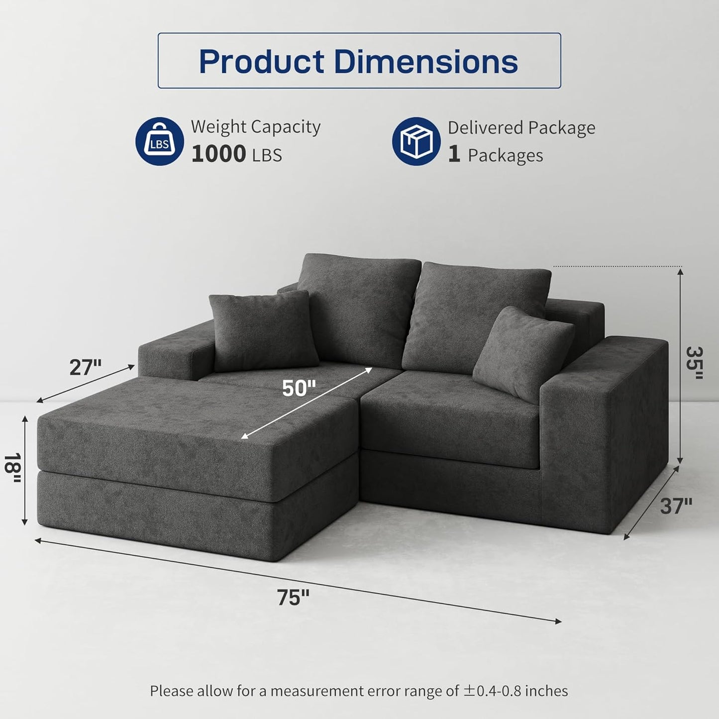 Cloud Modular Sectional Sofa, Comfy Boneless Couch for Living Room, Modern L-Shaped Couch with Reversible Chaise, Customizable Sleeper Sofa with Non Slip, No Assembly & Deep Seat, Dark Grey