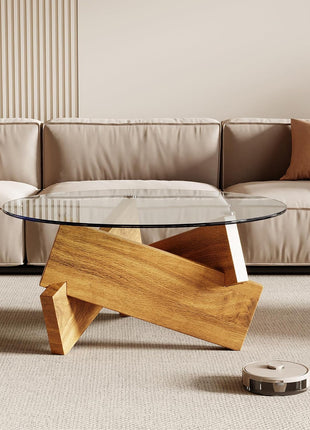 Contemporary Round Coffee Table with Tempered Glass Top and Natural Wood Finish, 30.7" x 30.7" x 16.1" for Living Room