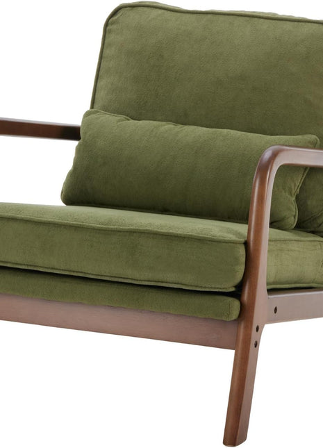 Mid-Century Modern Accent Chair with Armrests and Lumbar Support Cushion, Perfect for Living Room and Bedroom, Durable Wooden Frame, Elegant Green Finish