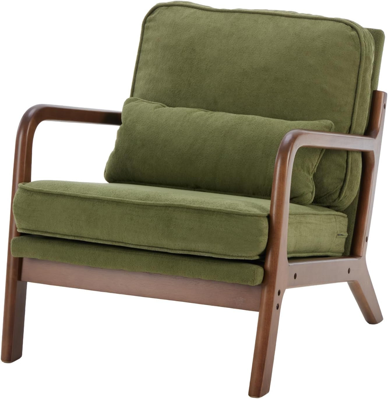 Mid Century Accent Chair, Modern Living Room Chairs with Arms and Waist Cushion, Reading Chairs for Adults, Lounge Chair for Bedroom, Solid Wooden Frame, Classic Green