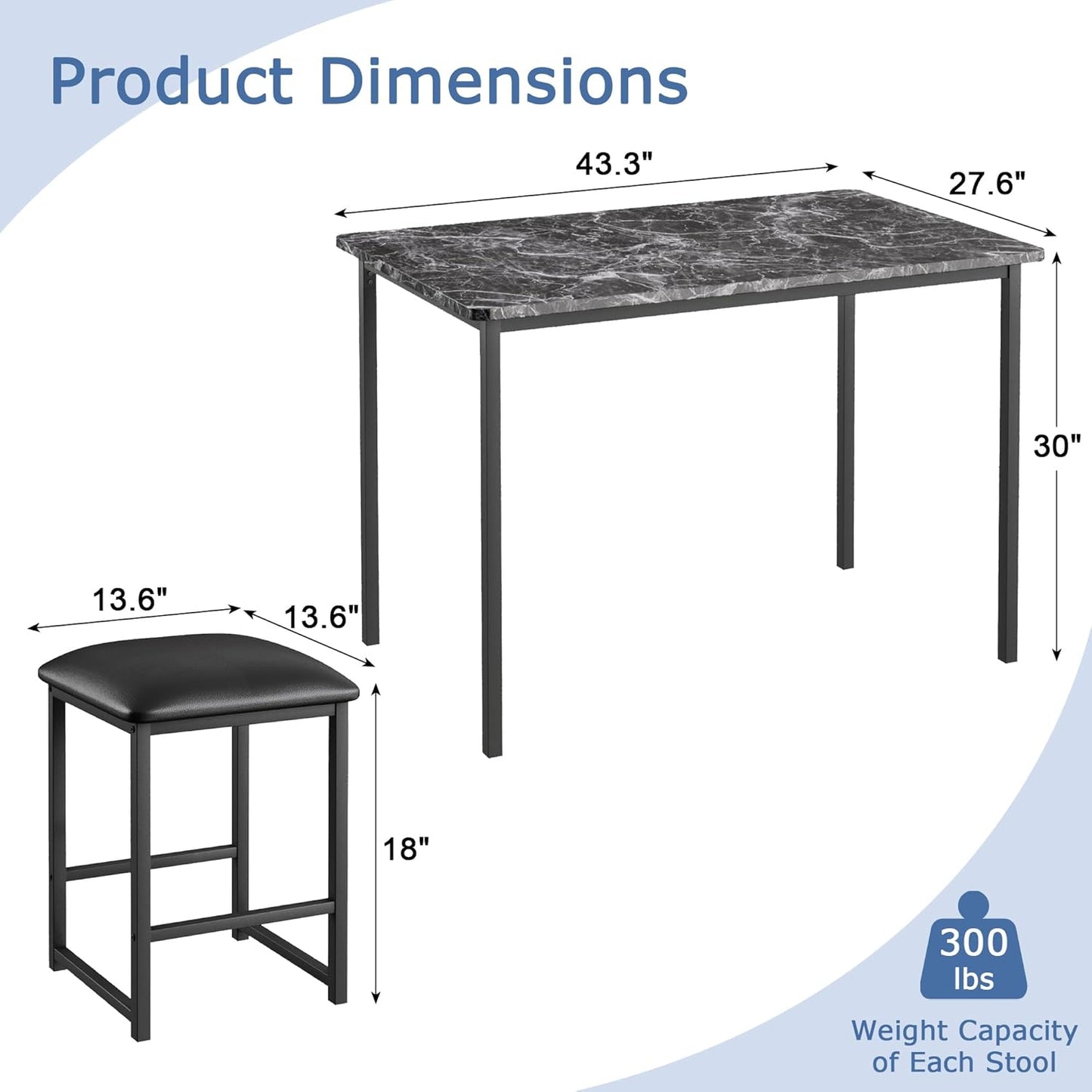 Kitchen Table and Chairs for 4, Dining Room Set with PU Chairs/Stools, Heavy-Duty Metal Frame, Faux Marble Tabletop, Space-Saving Design for Small Spaces, Easy Assembly, Veined Black