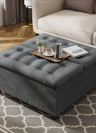 35-Inch Large Square Ottoman with Storage – Oversized Lift-Top Coffee Table Featuring Wood Legs and Tufted Upholstered Design for Living Room in Gray