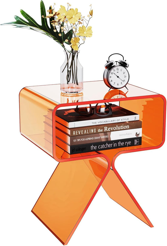 Acrylic Nightstand Side Table Modern Design Clear Home Decor Display End Table for Living Room (Orange)
