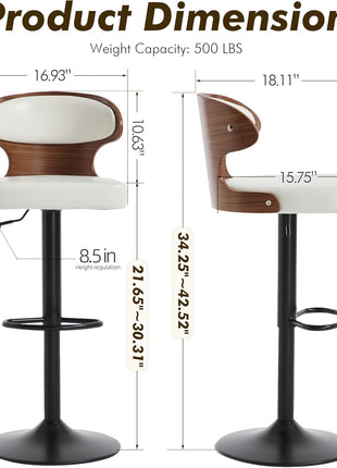 Set of 2 Adjustable 360° Swivel Bar Stools with Solid Wood Back and Footrest, Leather Counter Height Chairs for Bar, Kitchen, and Dining Room (White)