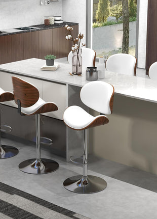 Set of 2 Adjustable Modern Swivel Bar Stools with Bentwood Seat and Back in White PU Leather, Perfect for Kitchen Counters and Dining Areas