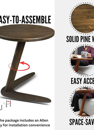 C-Shaped Handmade End Table for Living Rooms - Versatile Sofa Side Table with Slide-Under Design for Compact Spaces (Large, Dark Walnut)