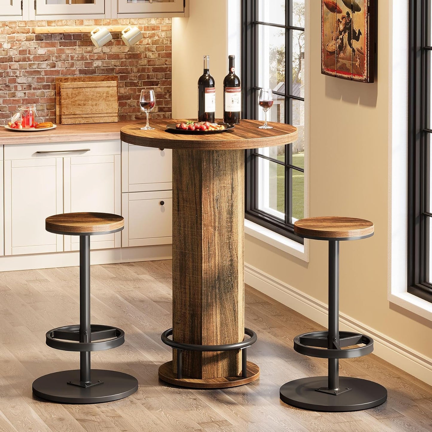 round Bar Table with Chairs, Industrial Bistro Sets with 2 Barstools, Pub Cocktail Table with Metal Ring Footrest for Kitchen Nook, Apartment, Small Space
