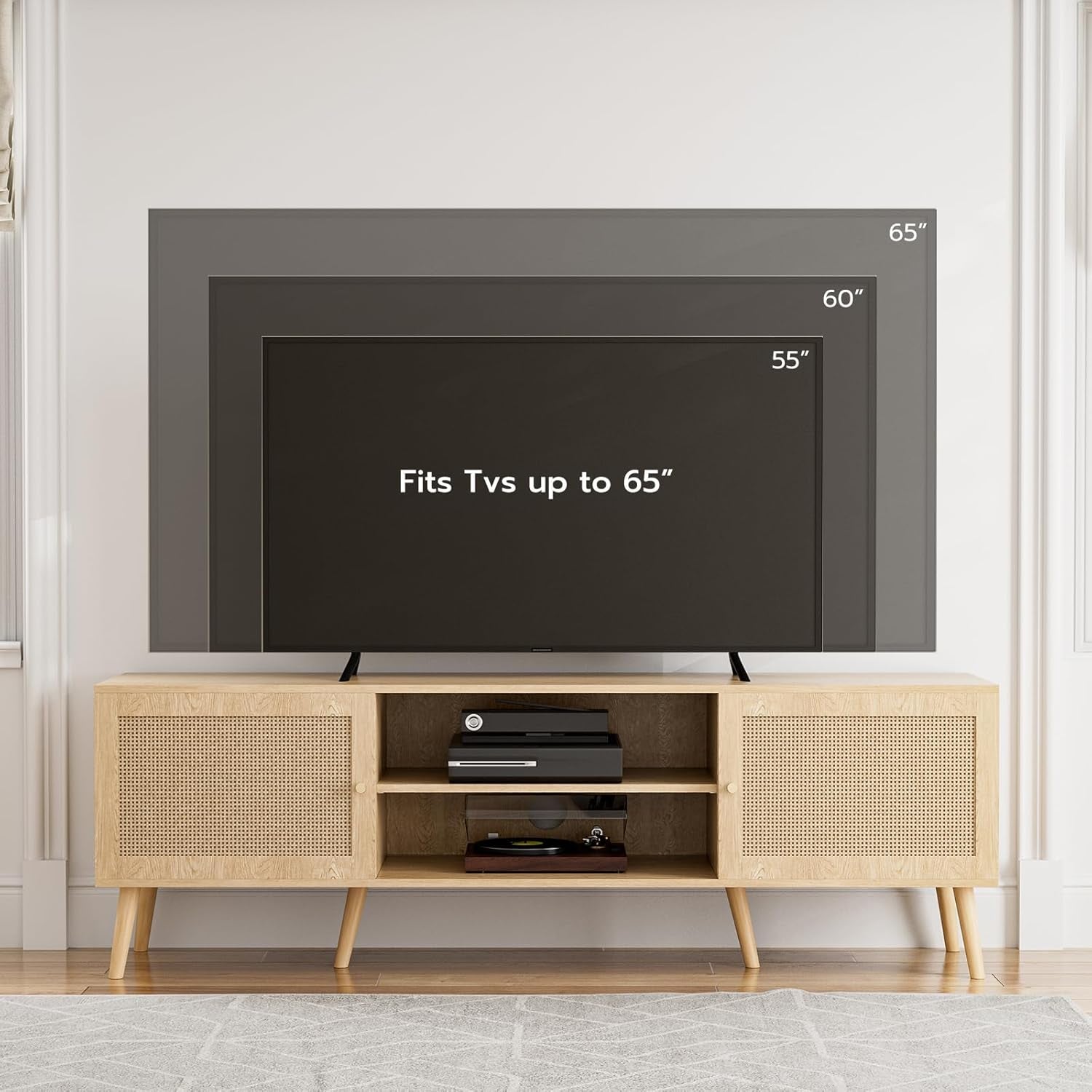 TV Stand for Tvs up to 65'', Entertainment Center with Rattan Door, Shelves & 2 Cabinets, Long Boho Media Console for Living Room, Natural