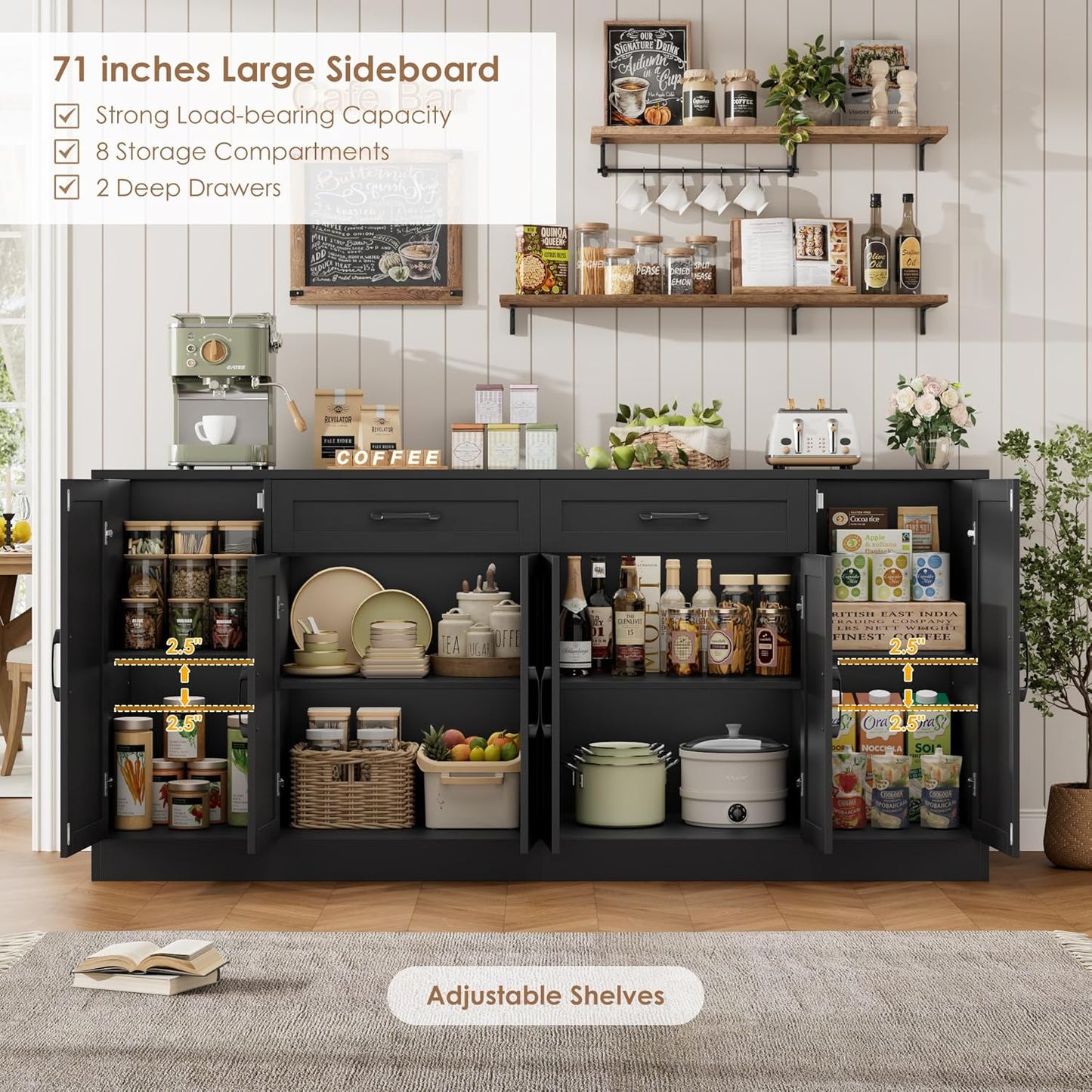 71” Large Buffet Cabinet with Storage, Sideboard Buffet Cabinet with Adjustable Shelves and 6 Soft-Close Doors, Wood Coffee Bar Console Table for Kitchen, Dining Room, Black