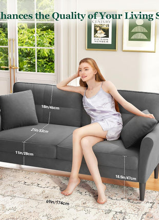 Elegant 69" Velvet Loveseat Sofa with 2 Pillows - Tool-Free Assembly, 700lb Capacity, Ideal for Small Living Spaces and Bedrooms in Charcoal