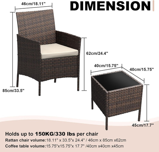 Patio Furniture Set 3 Pieces, Outdoor Patio Furniture Set with Rattan Wicker Chairs, Glass Table and Cushions for Porch, Balcony, Backyard, Garden, Poolside, Brown & Beige