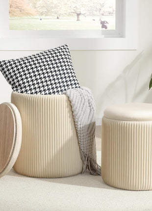 Set of 2 Beige Velvet Round Ottomans with Storage – Elegant Vanity Stools for Bedroom and Living Room