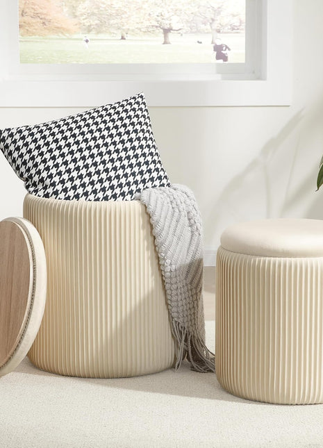 Set of 2 Beige Velvet Round Ottomans with Storage – Elegant Vanity Stools for Bedroom and Living Room