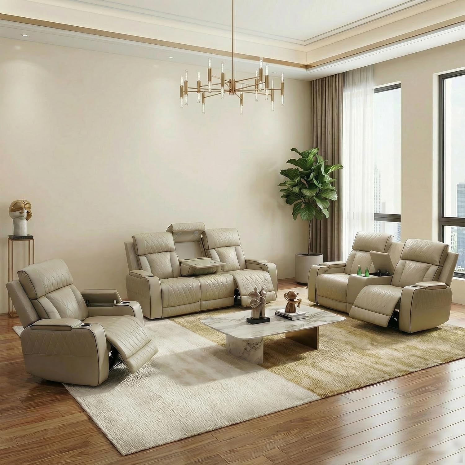 Leather Power Recliner Sofa Set with LED, Living Room Furniture Set, Leather Sofa Set with USB Port Storage Console Cup Holder for Office Living Room Home (Khaki)