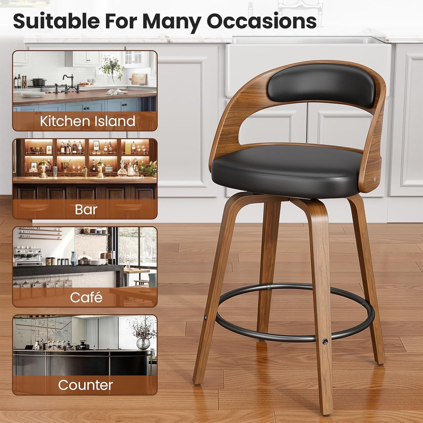 Swivel Bar Stools Set of 3, 26" Counter Height Bentwood Barstool, Mid-Century Modern PU Leather Upholstered Bar Chair with Back and Footrest, for Kitchen Island, Bar, Cafe, Dining Room, Black