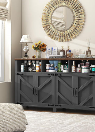 55-Inch Farmhouse Buffet Sideboard with Storage, 4-Door Wood Kitchen Cabinet and Coffee Bar Table with Shelves for Dining Room and Entryway (Black)