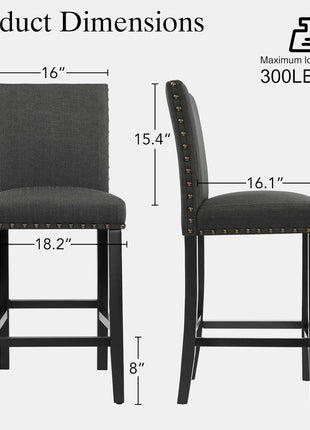 Set of 4 Charcoal Upholstered Counter Height Bar Stools with Nailhead Trim, 24-Inch Solid Wood Legs for Kitchen Island, Dining, and Bedroom