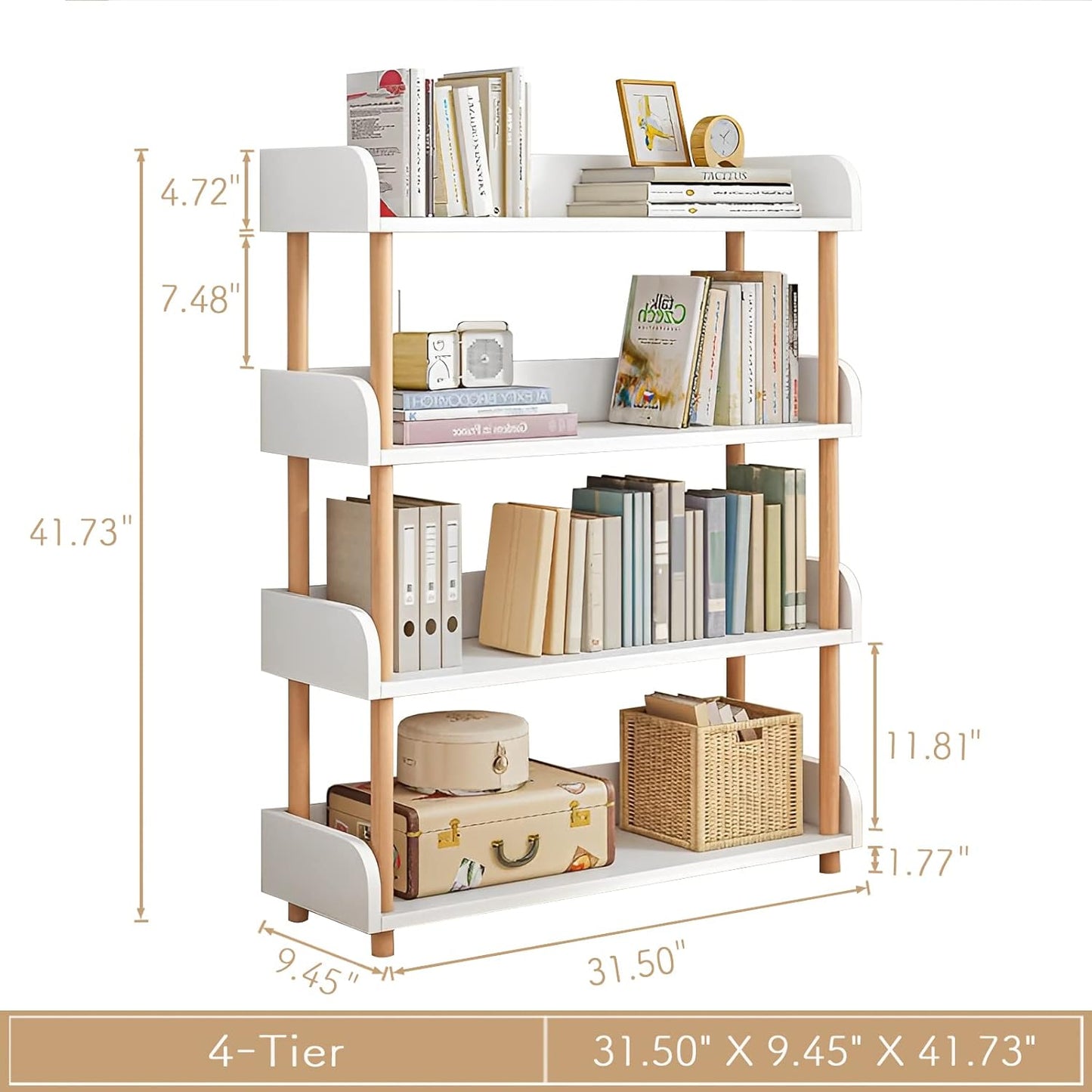 4-Tier Wooden Open Bookcase - Modern Display Bookshelf with Top Edge and Solid Wood Frame for Home and Office, Storage Cabinet, Warm White