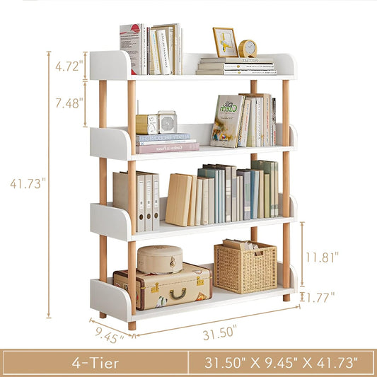 4-Tier Wooden Open Bookcase - Modern Display Bookshelf with Top Edge and Solid Wood Frame for Home and Office, Storage Cabinet, Warm White