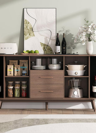 63" Fluted Sideboard Buffet Cabinet in Walnut - Mid-Century Modern Coffee Bar Station with Storage for Dining Room, Wood Accent Storage Cabinet & Credenza with Drawers for Liquor and Wine