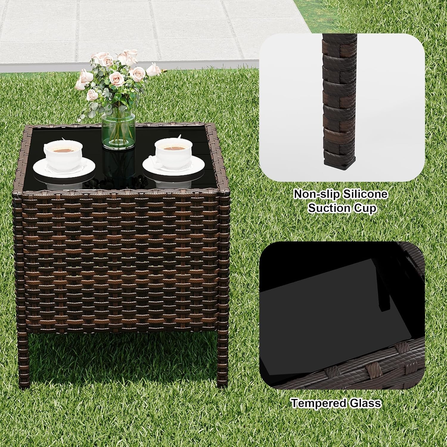 Patio Furniture Set 3 Pieces, Outdoor Patio Furniture Set with Rattan Wicker Chairs, Glass Table and Cushions for Porch, Balcony, Backyard, Garden, Poolside, Brown & Beige
