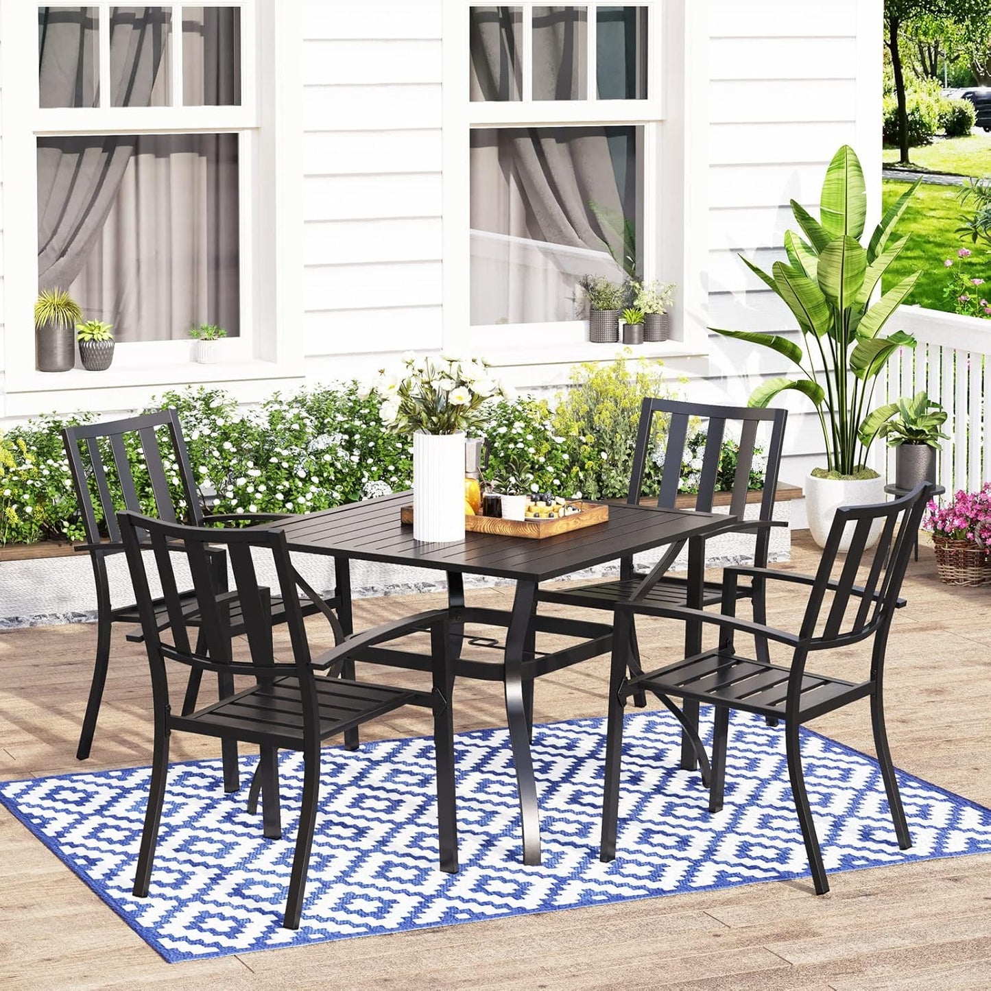Outdoor Dining Set for 4, Patio Table and Chairs Set with Umbrella Hole, Metal Patio Furniture Set for Deck/Backyard/Poolside/Garden