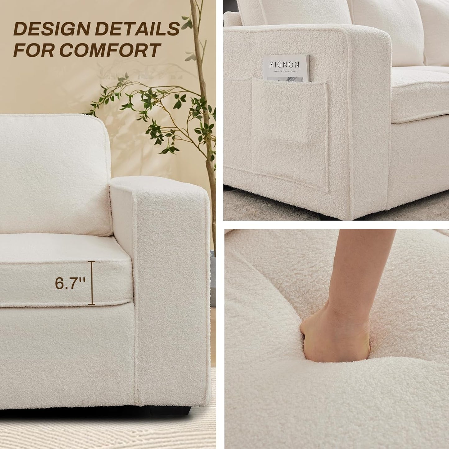 80'' Sofa Couch for Living Room, Mid Century Modern Loveseat Sofa with Side Pocket, 3-Seater Couches for Bedroom, Apartment, Office, Teddy Wool White