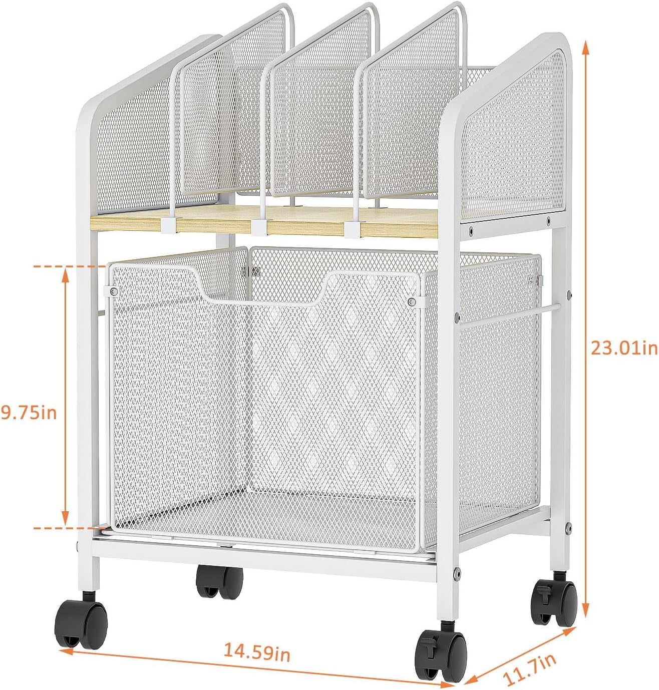 Rolling File Cabinet with Adjustable Dividers, Mobile Filing Cabinet with Storage Drawer on Lockable Wheels, Hanging File Organizer beside under Desk for Office, Home, White（Patent Pending）