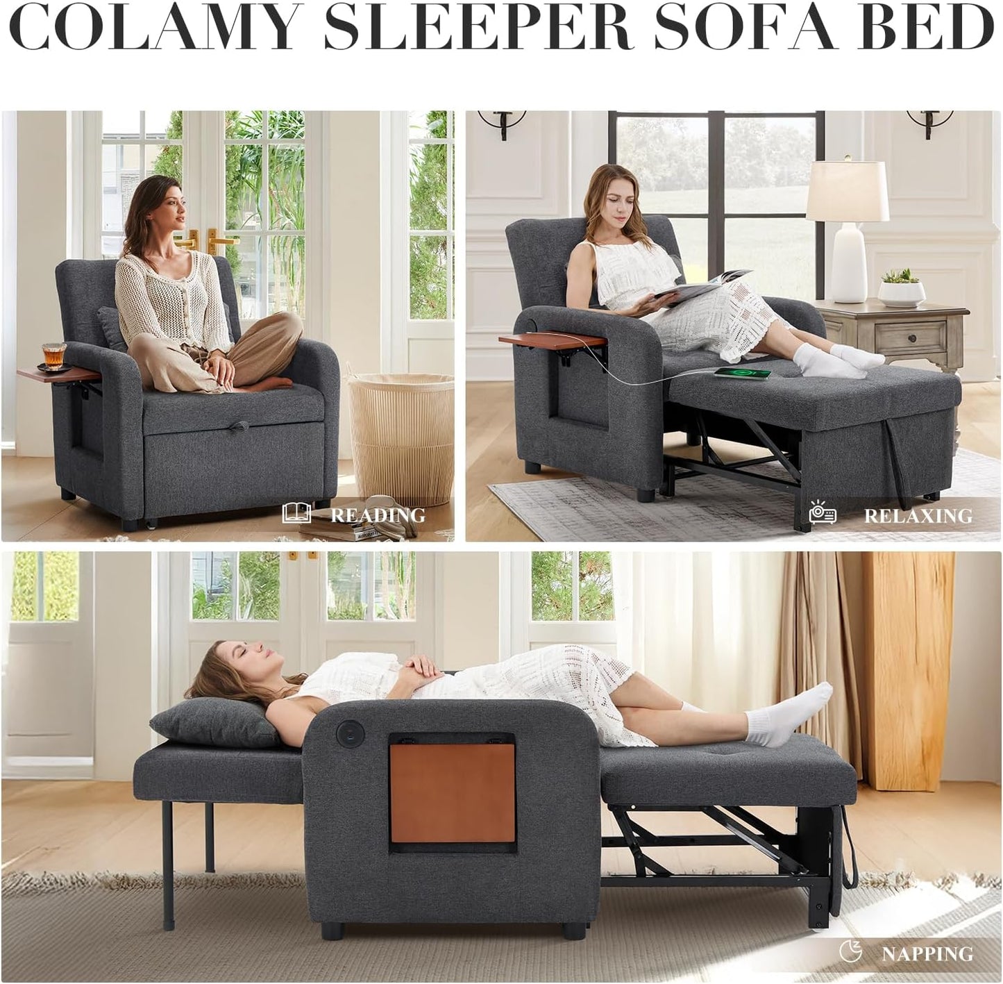 Convertible Sleeper Chair-Fabric Futon Sofa Bed, Single Sleeper Sofa, Small Couch Bed with USB Port, Foldable Table, Pillow, Adjustable Backrest for Dorm/Bedroom/College Darkgrey