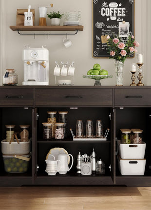 55" Modern Farmhouse Buffet Cabinet with Drawers and Shelves, Dark Brown Wood Sideboard Storage for Kitchen and Dining Room
