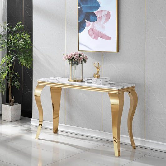 47 Inch White Marble Console Table with Mirrored Stainless Steel Metal Legs, Faux Marble Tall Luxury Gold Entryway Table, Modern Sofa Table Narrow Console Tables for Hallway Living Room