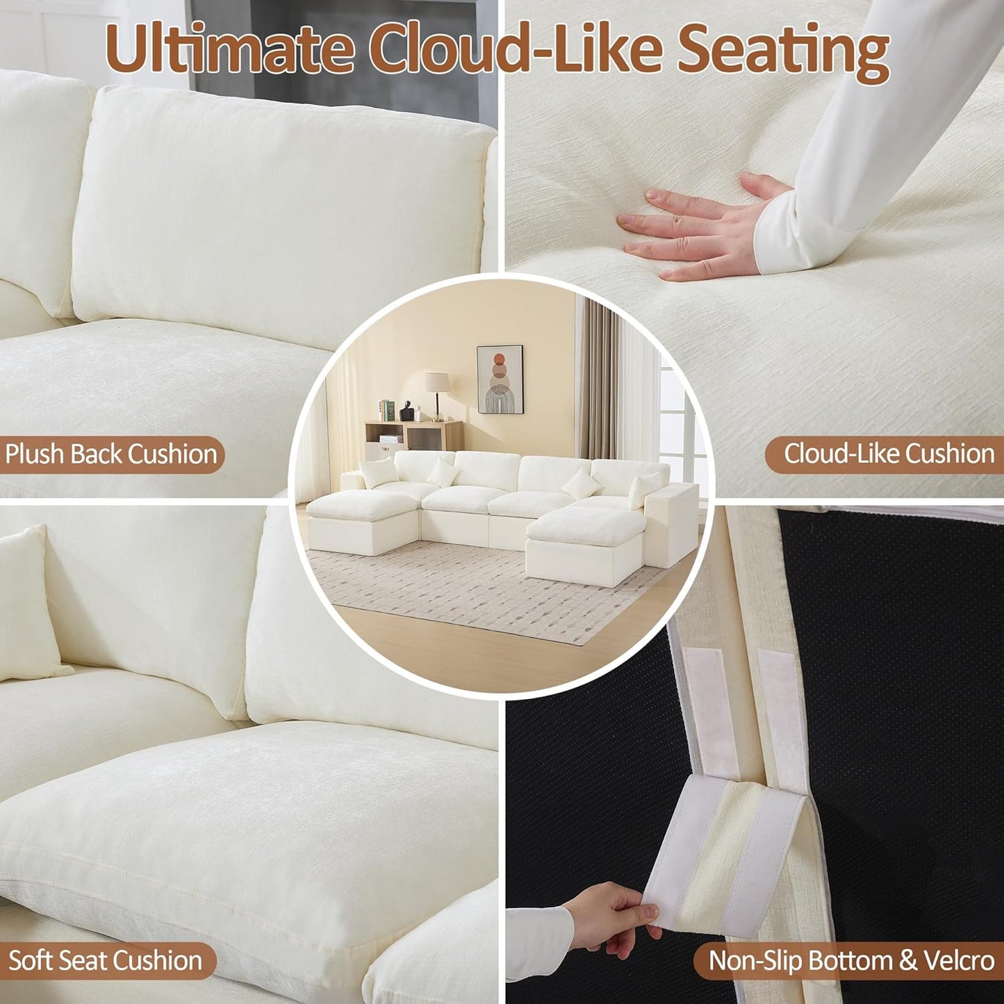 155''Cloud Boneless Sectional Couch, Modular Sectional Sofa Deep Seat with 2 Ottomans, Oversized Upholstered Convertible Comfy 6 Seater Chenille Sofa U Shape Couches for Living Room, Beige