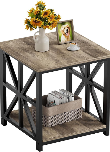 24-Inch Contemporary End Table with Dual-Tier Storage Shelf in Grey Wash Finish, Perfect for Living Room, Bedroom, and Office Use