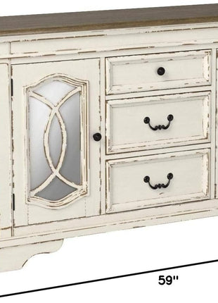 Signature Design by Ashley Realyn French Country Distressed Dining Room Server with Three Drawers and Two Cabinet Doors, Wood Construction, 59" W x 17" D x 36.5" H, Chipped White Finish