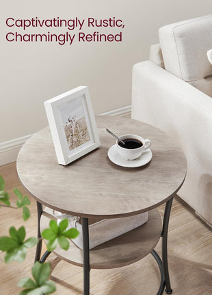 21.7-Inch Round Side Table with Steel Frame, Two-Tier Design, Generous Surface Area and Storage Shelves for Living Room and Bedroom, Heather Greige and Ink Black Finish