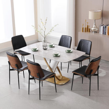 BV Dining Chairs Set of 6, PU Leather Armless Kitchen Chair in Modern Walnut Style, Mid Century Bentwood Side Chair with Metal Legs, Retro Accent Guest Chair for Kitchen Dining Room(Black)