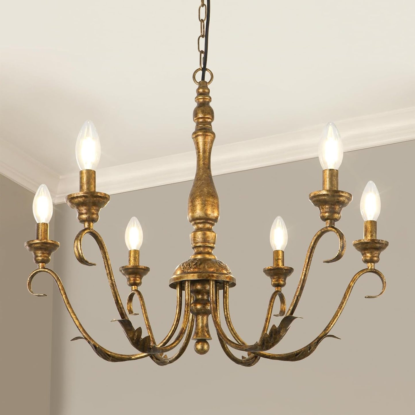 6-Light Farmhouse Chandelier, 23.62'' Vintage Brass Gold Chandeliers for Dining Room, Adjustable Rustic Metal Hanging Pendant Light Fixture for Kitchen Island Entryway Foyer Bedroom Hallway