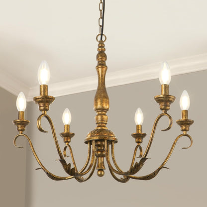 6-Light Farmhouse Chandelier, 23.62'' Vintage Brass Gold Chandeliers for Dining Room, Adjustable Rustic Metal Hanging Pendant Light Fixture for Kitchen Island Entryway Foyer Bedroom Hallway