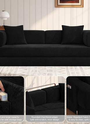78.8-Inch Convertible Sleeper Sofa - Modular Black Corduroy Couch with Armrest Pillow, No Assembly Required