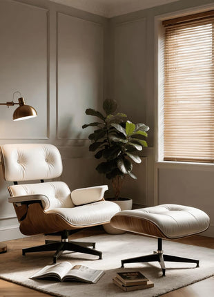 Mid-Century Modern Top Grain Leather Chaise Lounge Chair and Ottoman with Durable Base Support, Walnut and White Finish for Living Room, Study, or Office