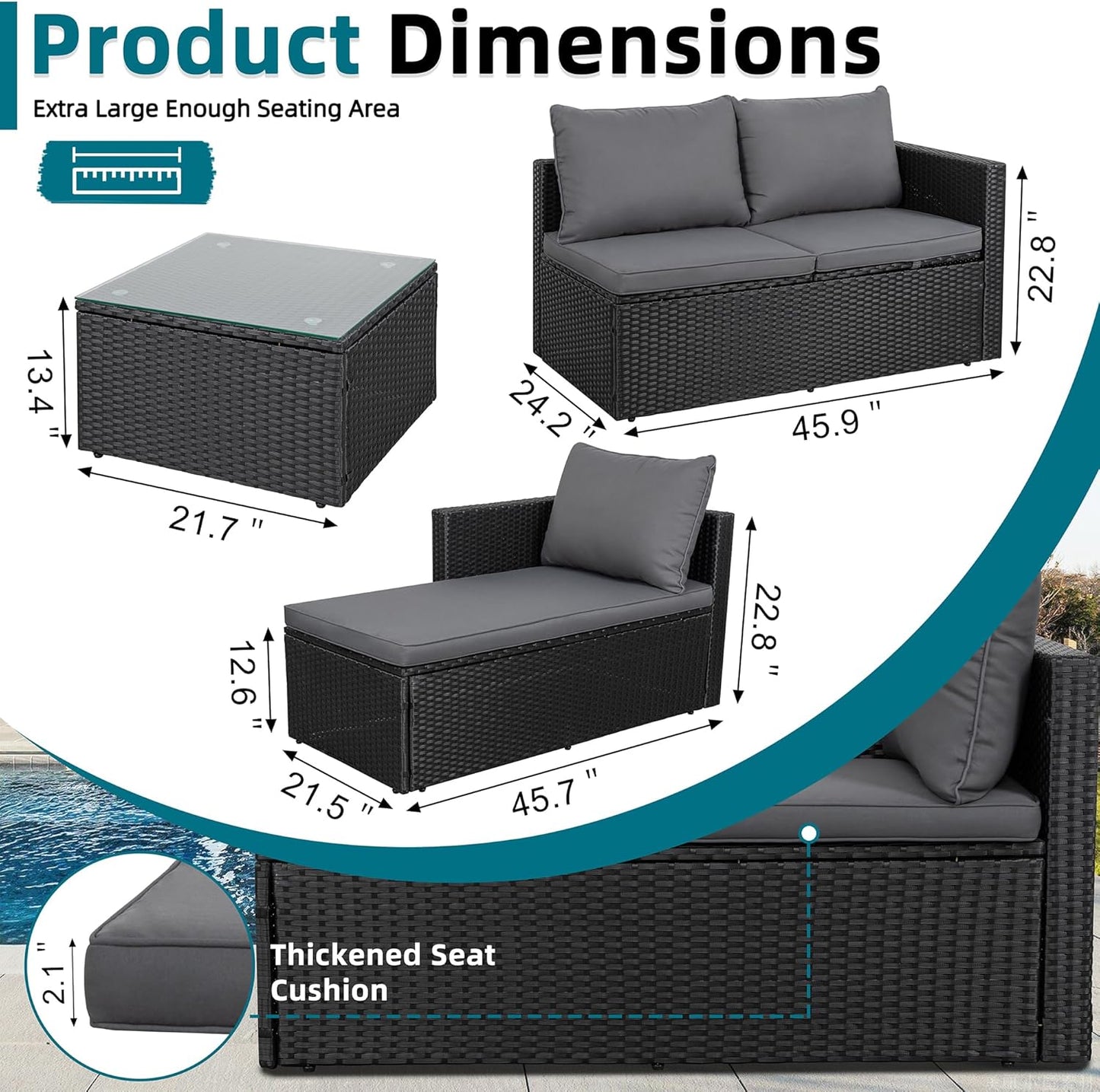3-Piece Patio Sectional Sofa, Patio Furniture Set with Detachable Soft Cushions, Outdoor PE Rattan Patio Conversation Sofa Set with Glass Coffee Table & Ottoman, Black Rattan/Grey