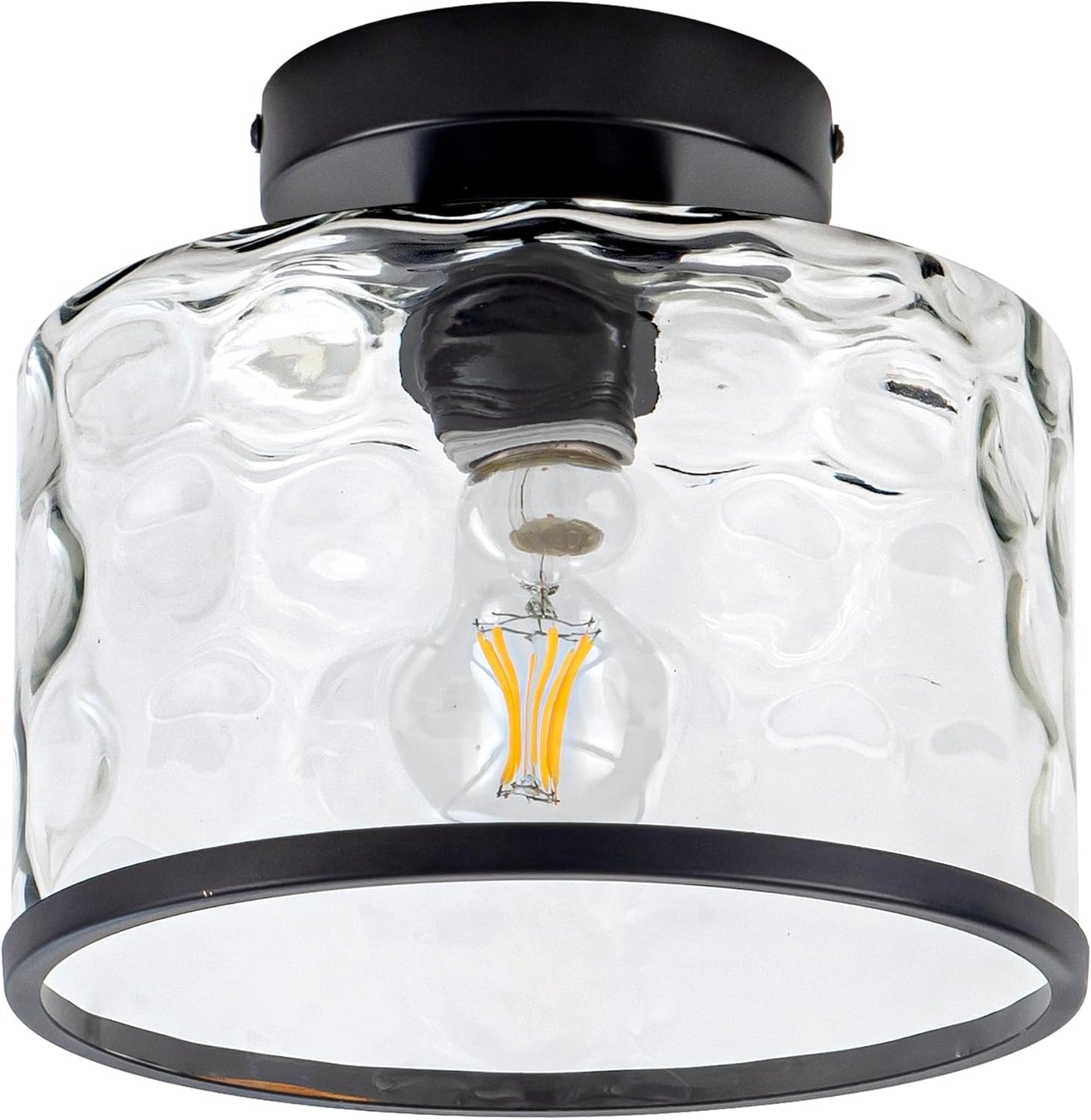 Glass Ceiling Light, Black Semi Flush Mount with Hammered Glass Shade, Farmhouse Light Fixture for Hallway, Bathroom, Entryway, Kitchen,Living Room