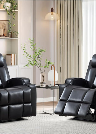 Premium PU Leather Manual Recliner Chair for Adults with Cup Holders and Padded Backrest, Overstuffed Heavy Duty Reclining Sofa for Living Room and Bedroom, Black